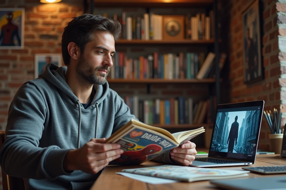Fan de cinéma consultant des comics Amazing Spider-Man dans une pièce décorée de posters de films