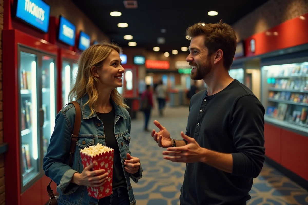 Deux fans discutant de Spider-Man dans le hall d'un cinéma avec des affiches promotionnelles en arrière-plan