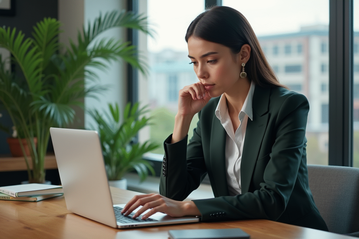 Femme en blazer analysant un graphique boursier éthique