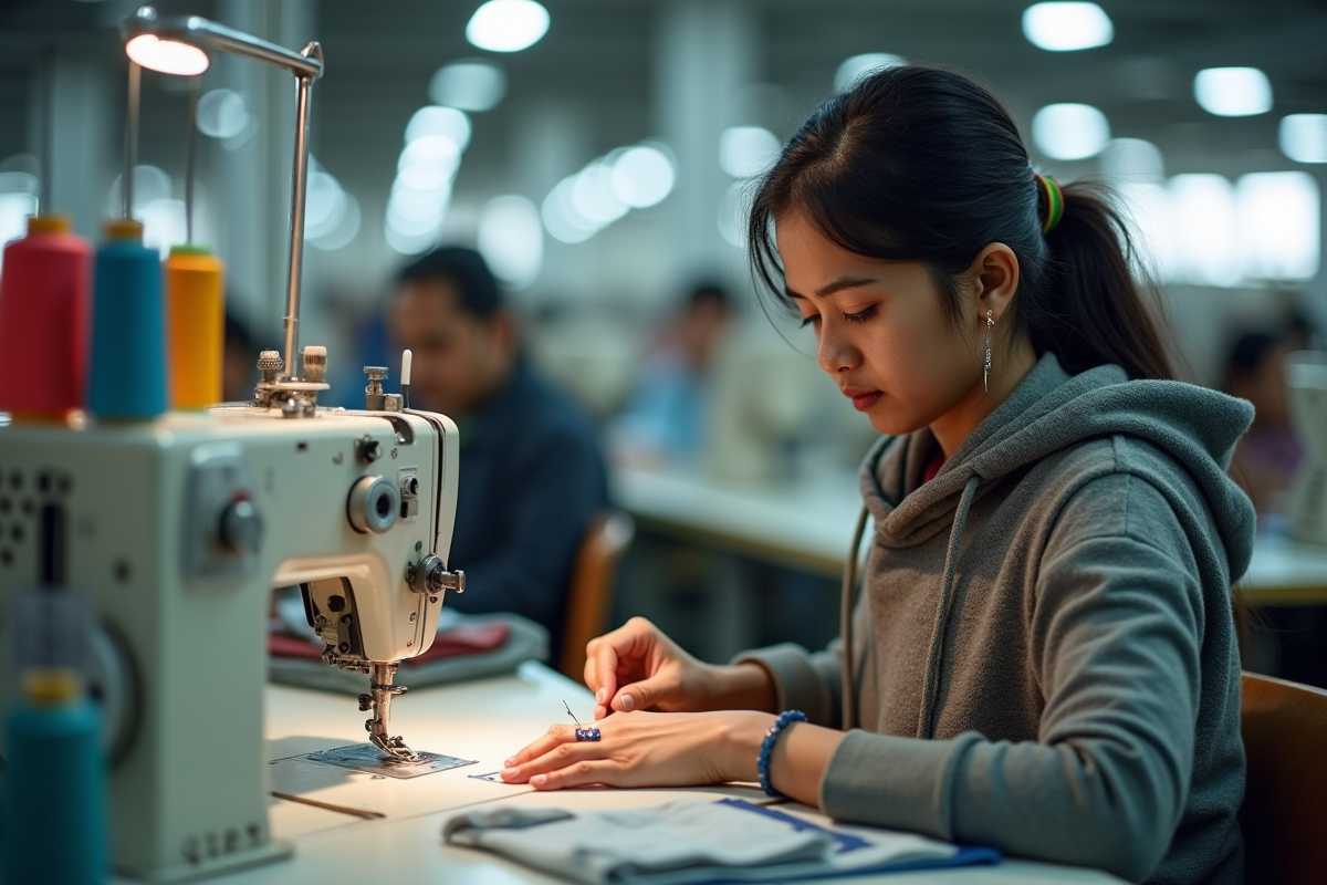 Femme indienne cousant une étiquette sur un hoodie en usine