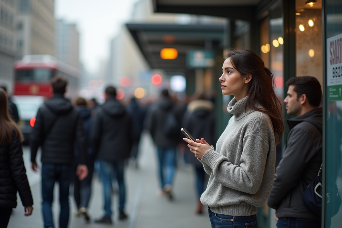Femme dans une station de métro en attente avec téléphone
