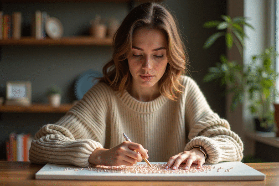 Jeune femme en sweater posant des perles de diamants