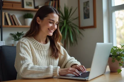Femme assise à son bureau à la maison utilisant un ordinateur portable