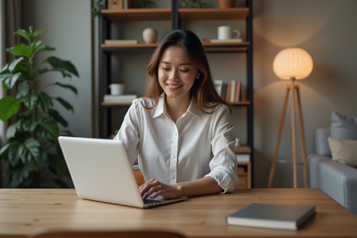 Femme en bureau à domicile souriante et concentrée