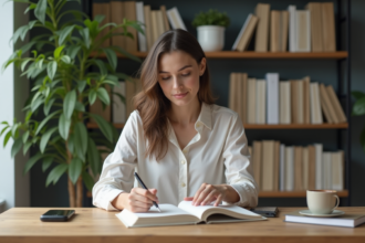Jeune femme au bureau avec ordinateur et plantes