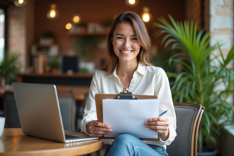 Femme souriante lisant des documents dans un café chaleureux