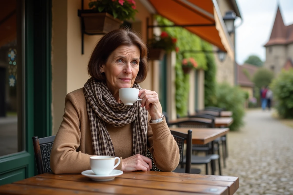 Femme buvant un café dans un village tranquille