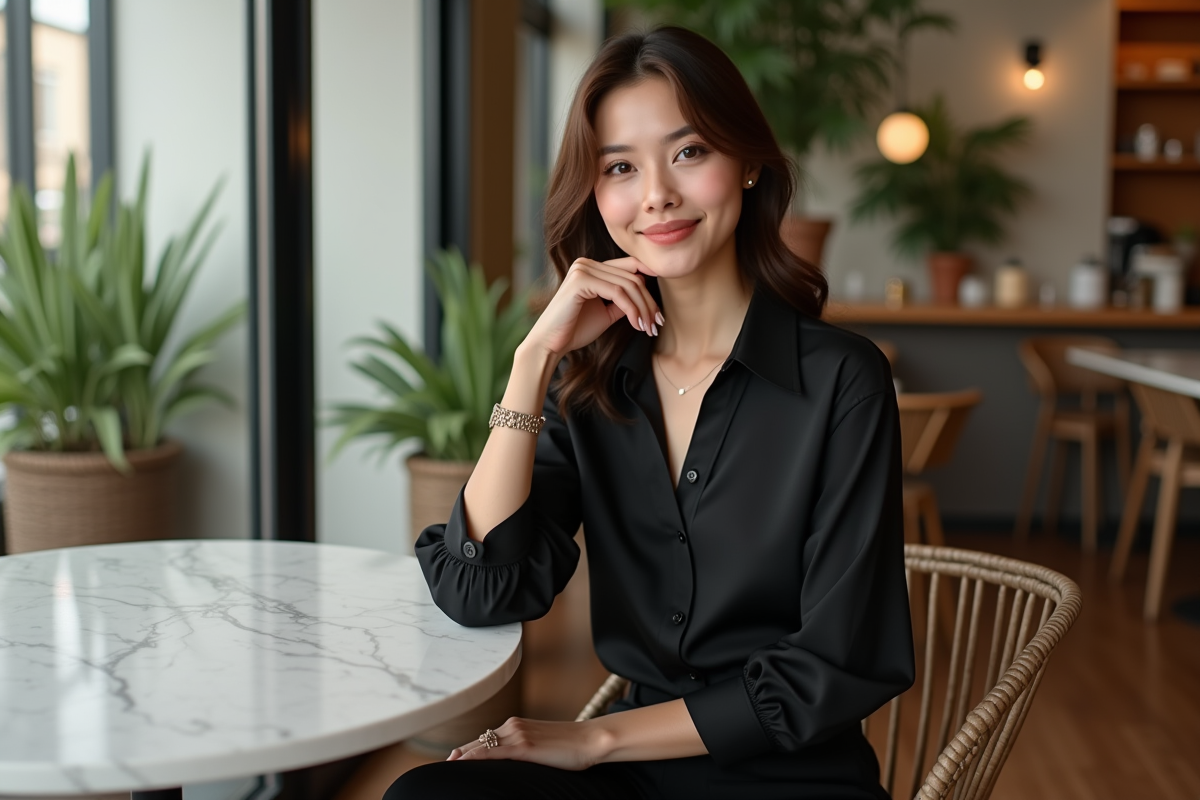 Jeune femme assise au café en blouse noire élégante