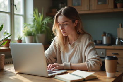 Jeune femme écologique calcule empreinte carbone à la maison