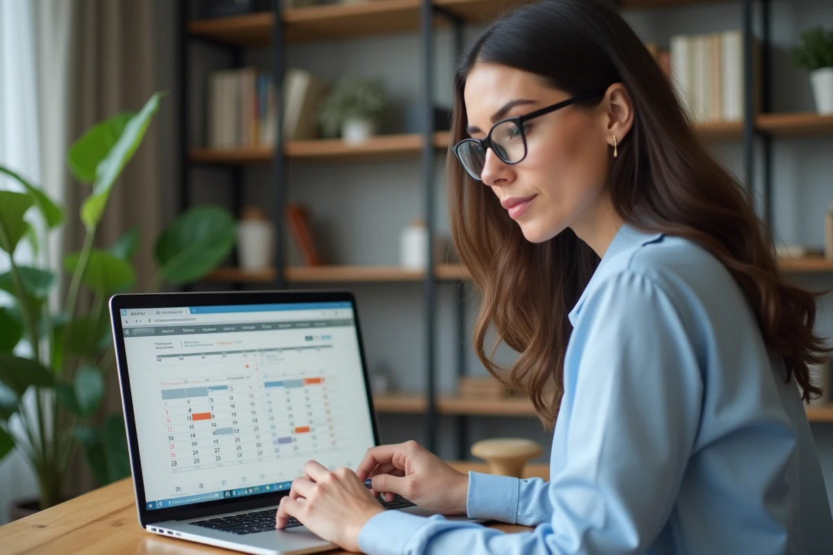 Femme concentrée utilisant un calendrier numérique dans un bureau moderne