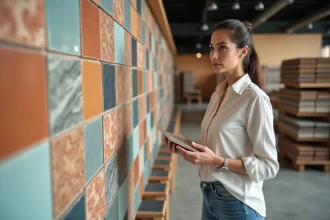 Femme examinant des carreaux de faïence dans un magasin spécialisé, tenant un échantillon de carrelage devant un mur d'exposition coloré
