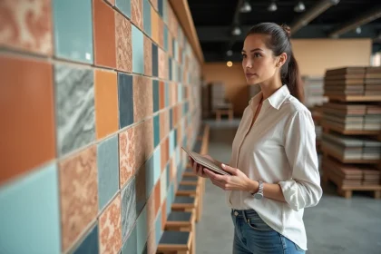 Femme examinant des carreaux de faïence dans un magasin spécialisé, tenant un échantillon de carrelage devant un mur d'exposition coloré