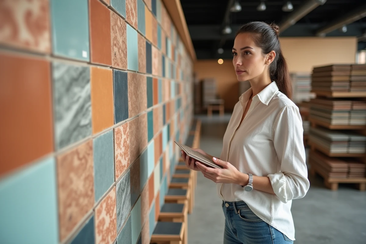 Femme examinant des carreaux de faïence dans un magasin spécialisé, tenant un échantillon de carrelage devant un mur d'exposition coloré