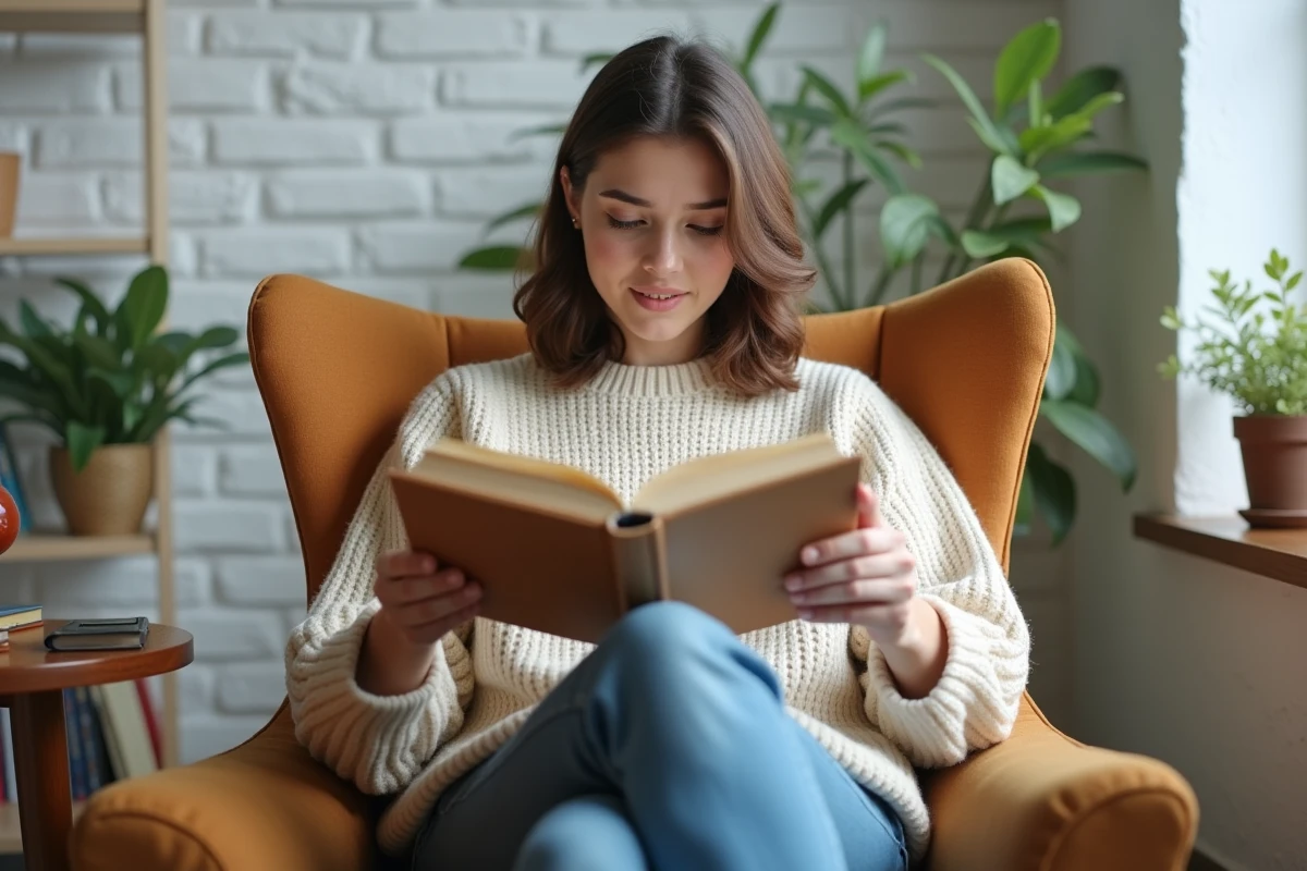 Jeune femme comparant deux éditions différentes d'un même livre dans un fauteuil de lecture moderne