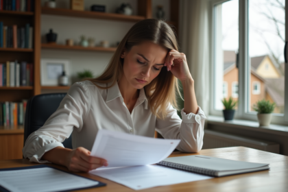 Femme d'âge moyen réfléchissant à un prêt immobilier dans un bureau moderne
