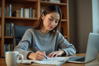 Femme calculant des conversions miles kilomètres dans un carnet sur un bureau en bois avec une carte routière