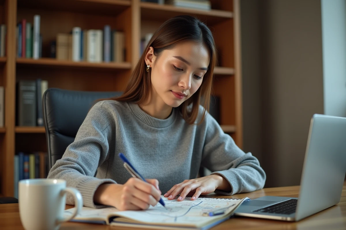 Femme calculant des conversions miles kilomètres dans un carnet sur un bureau en bois avec une carte routière