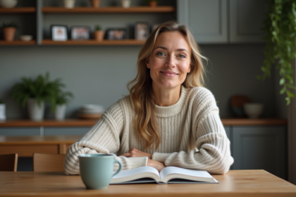 Femme assise à la cuisine avec livre et tasse chaude