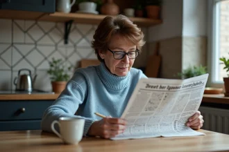 Femme d'âge moyen lisant un journal belge avec un puzzle