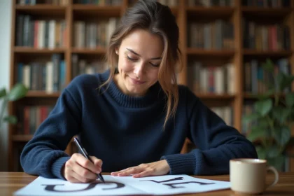 Femme écrivant un E majuscule sur papier lors d'un quiz de culture générale