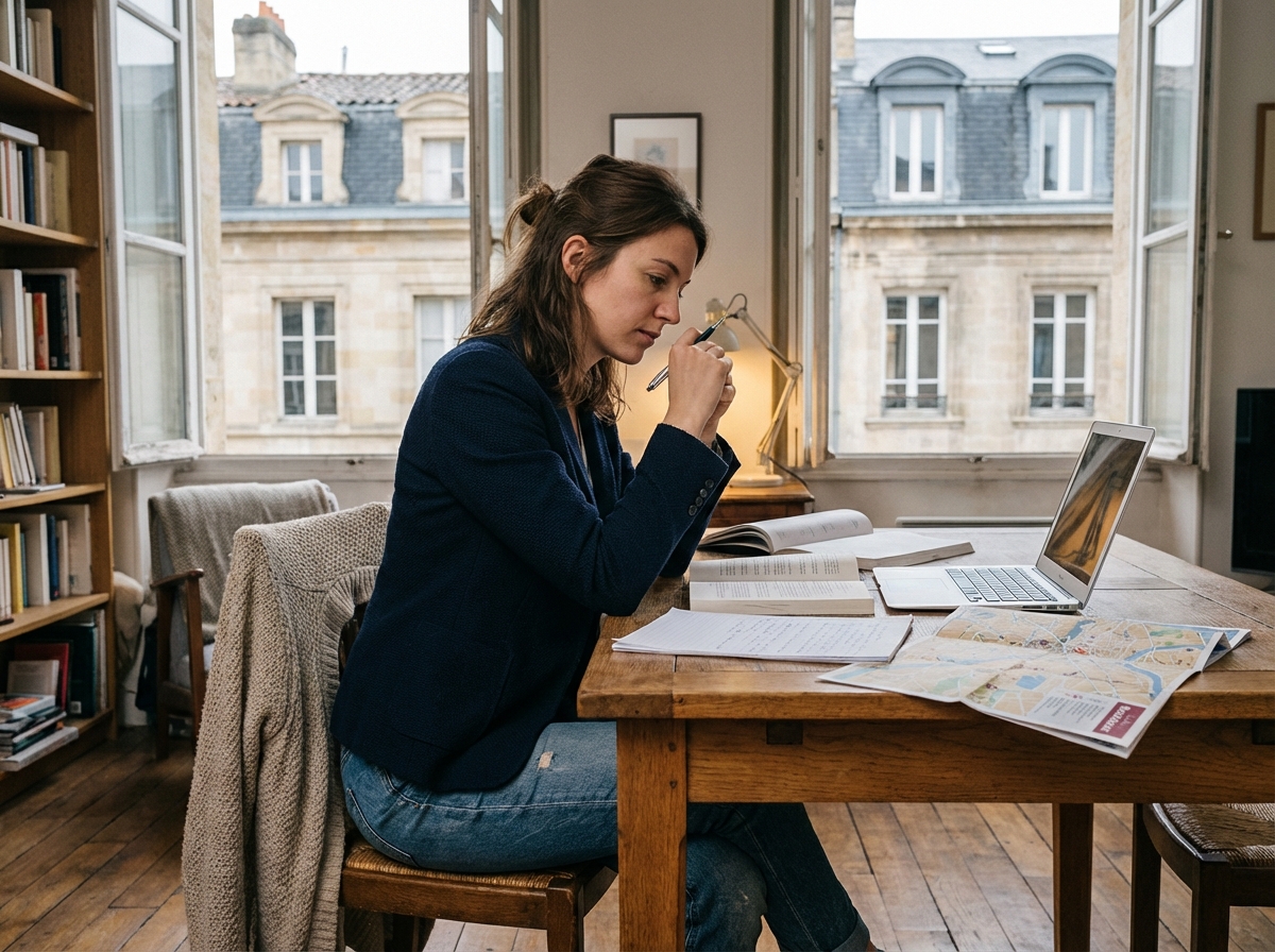 Jeune femme à Bordeaux étudiant dans son appartement