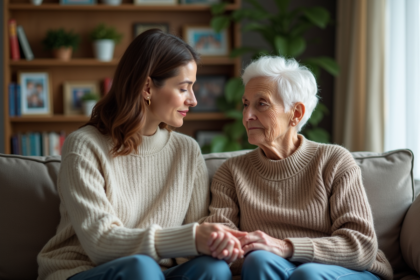 Femme et fille en échange d'empathie dans un salon