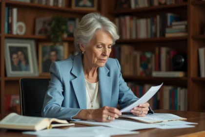 Femme francaise agee lisant un document dans son bureau