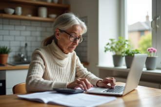 Femme concentrée sur ses documents fiscaux à la maison