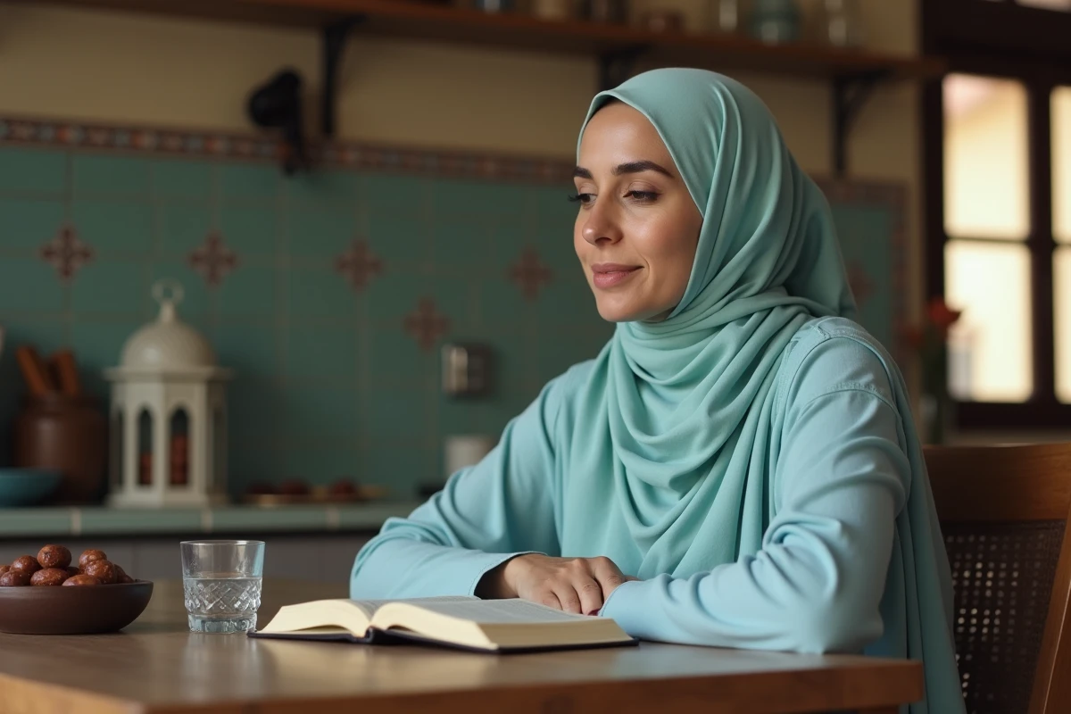 Femme en hijab récitant une douaa courte devant un Coran ouvert avec des dattes sur une table en bois pendant le ramadan