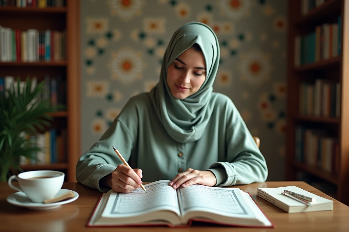 Jeune femme en hijab annotant un index structuré des 30 Juz du Coran à son bureau d'étude