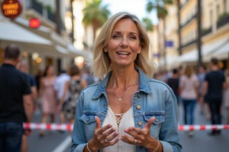 Femme interviewee à Cannes lors d'un événement en plein air