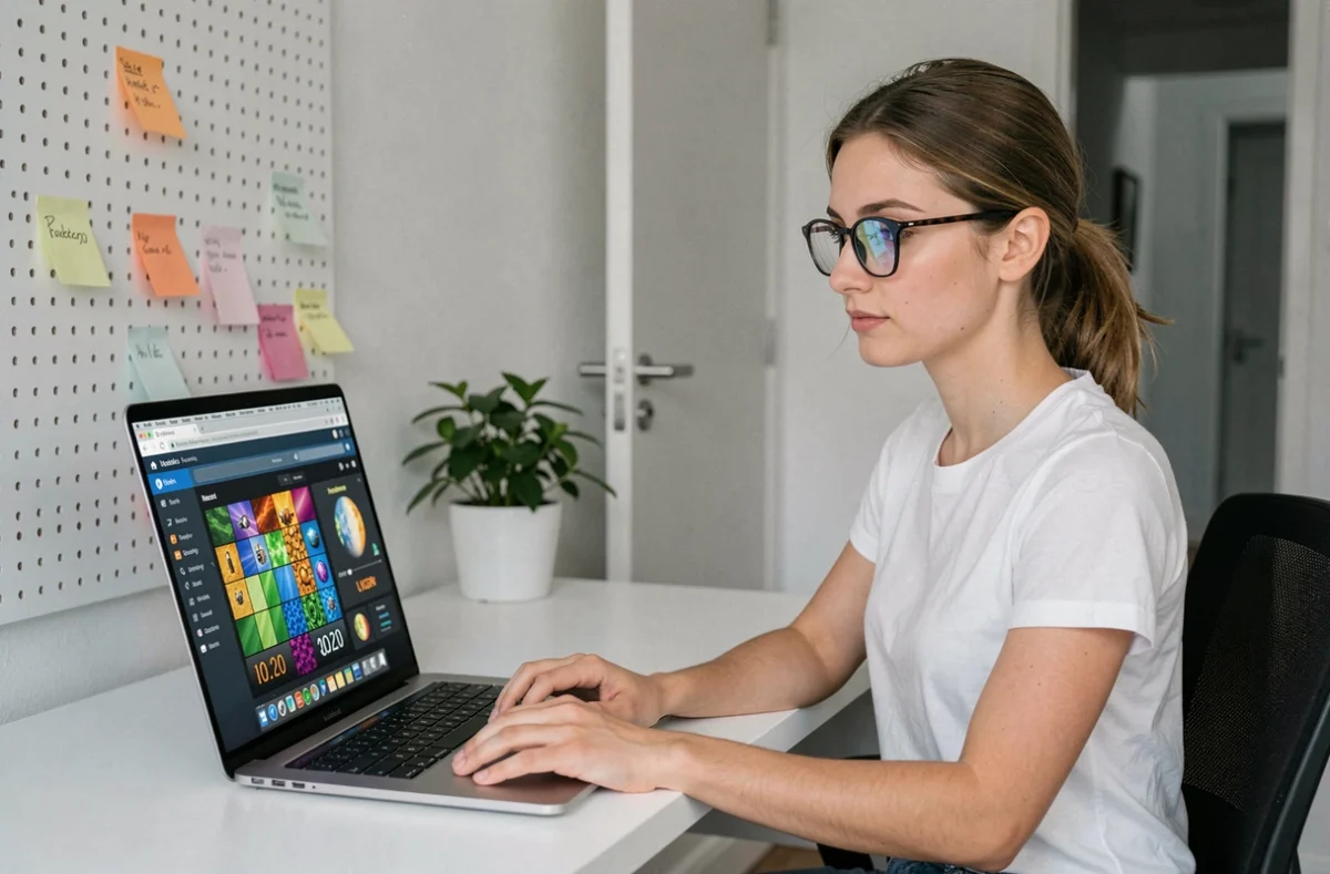Jeune femme adulte jouant à un jeu de bombe en ligne sur ordinateur portable pour améliorer sa concentration et sa rapidité