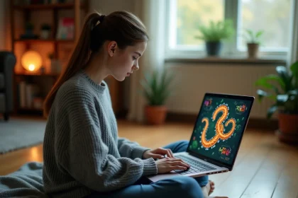 Jeune femme jouant à un jeu de serpent sur son ordinateur portable chez elle, absorbée par l'écran dans un intérieur chaleureux