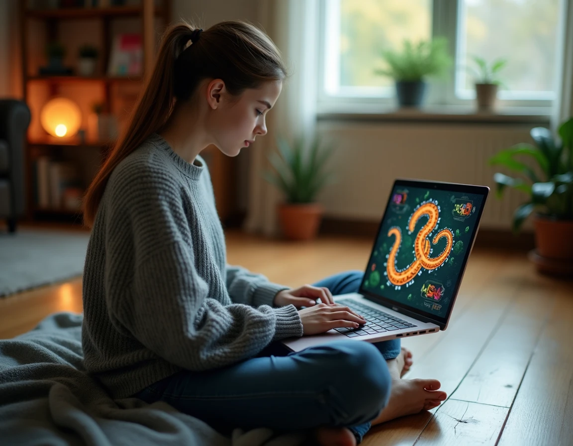Jeune femme jouant à un jeu de serpent sur son ordinateur portable chez elle, absorbée par l'écran dans un intérieur chaleureux