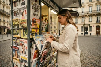 Femme feuilletant des magazines dans un kiosque à journaux parisien avec des présentoirs colorés en arrière-plan
