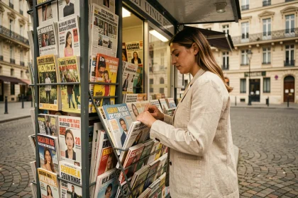 Femme feuilletant des magazines dans un kiosque à journaux parisien avec des présentoirs colorés en arrière-plan
