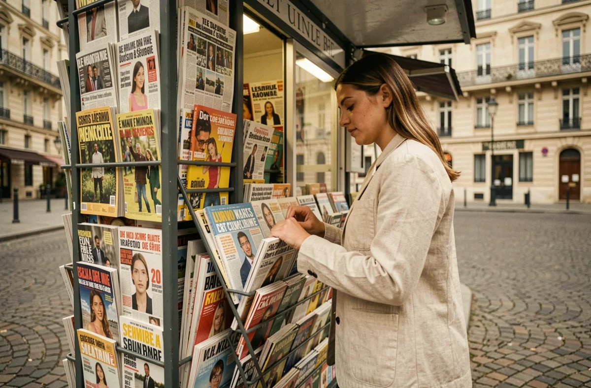 Femme feuilletant des magazines dans un kiosque à journaux parisien avec des présentoirs colorés en arrière-plan