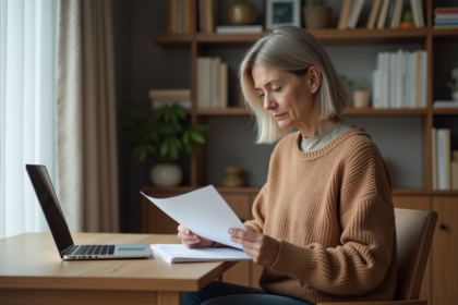 Femme d'âge moyen lisant des papiers confidentiels chez elle
