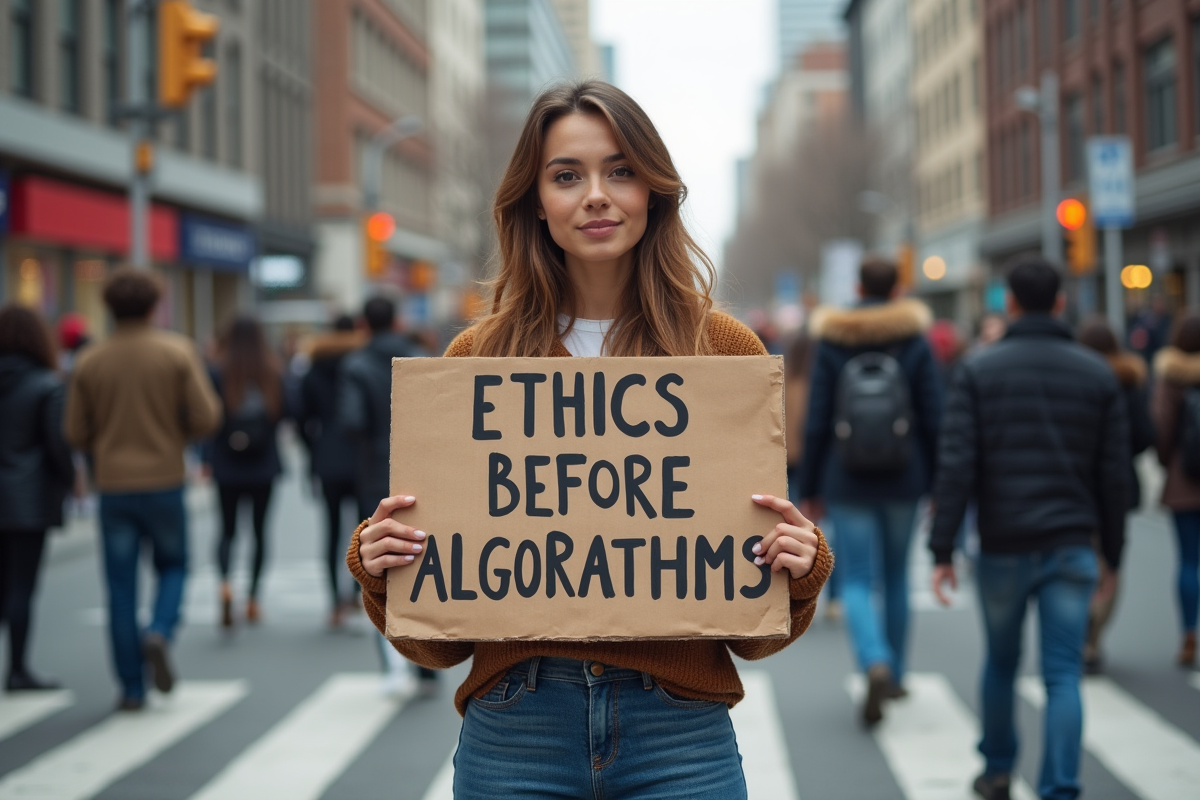 Jeune femme avec pancarte dans une rue urbaine dynamique