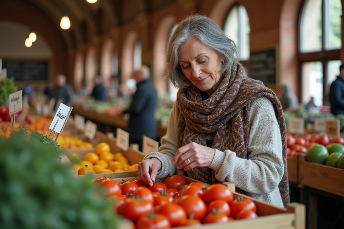 Femme choisissant des légumes frais au marché de Toulouse