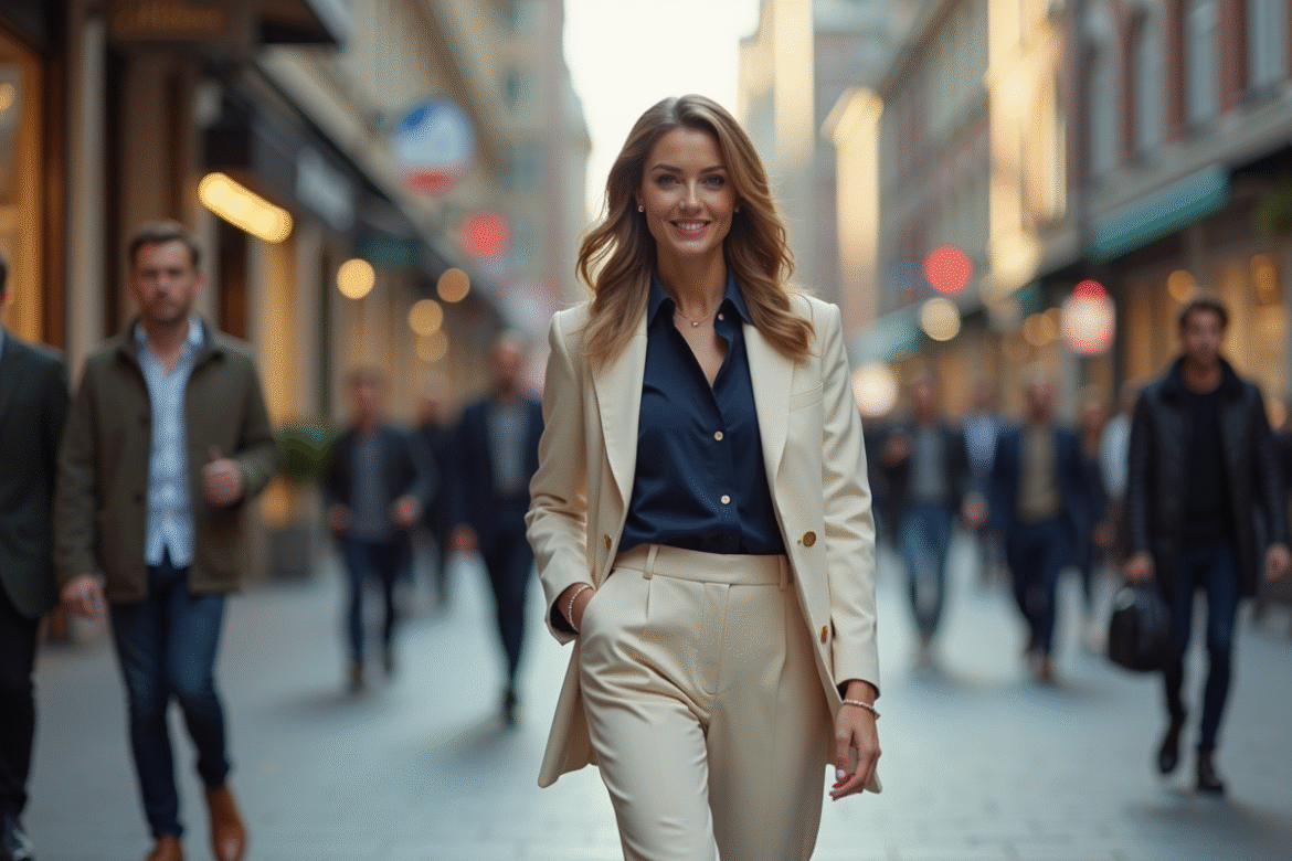 Femme élégante marchant dans la ville en blazer crème
