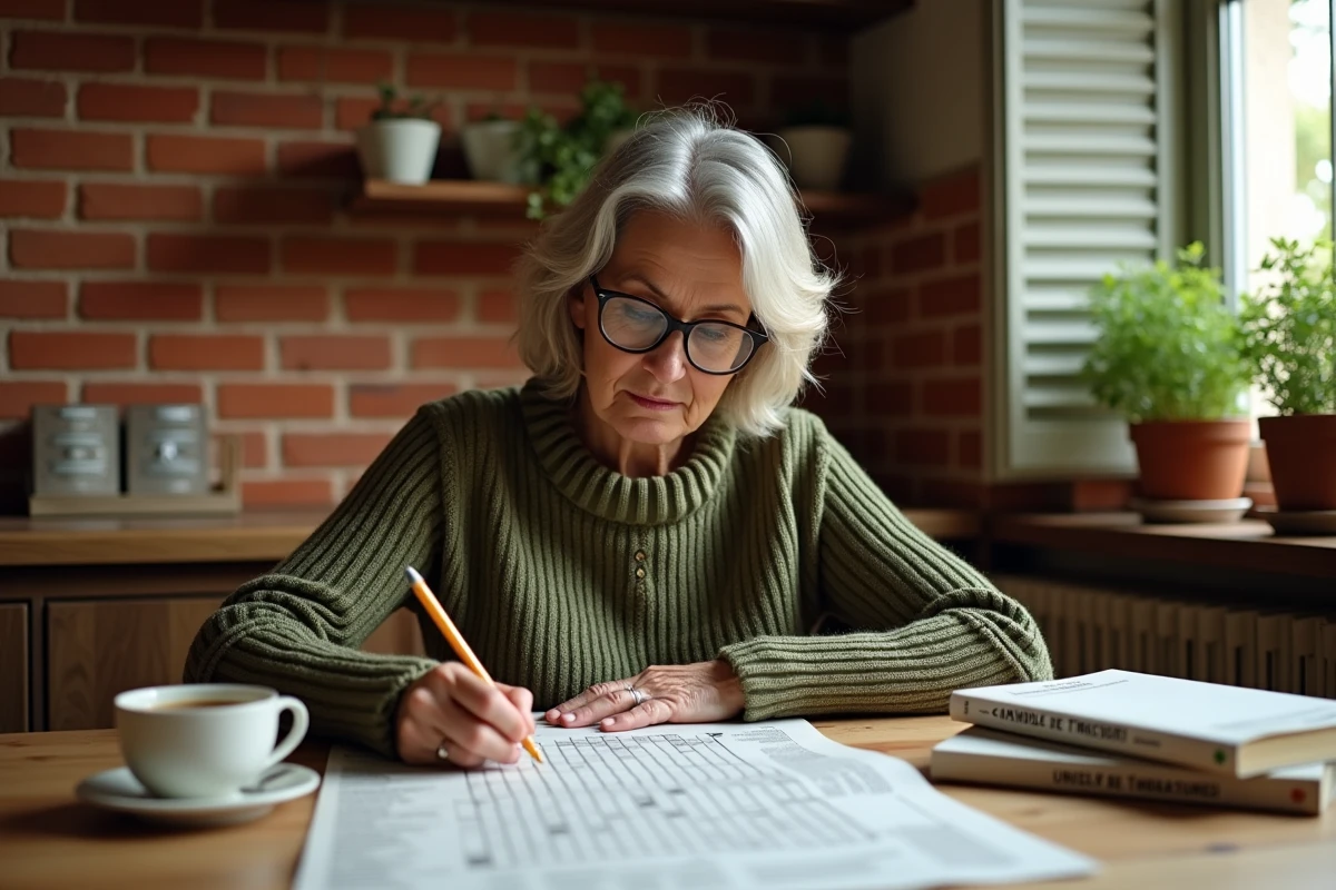Femme concentrée résolvant une grille de mots croisés avec un journal italien sur une table en bois rustique