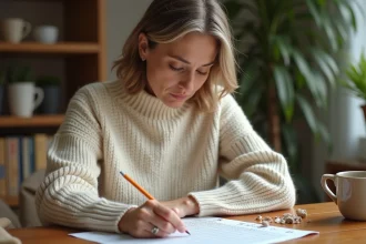 Femme concentrée résolvant des mots fléchés à table avec un crayon et une grille imprimée