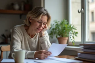 Femme française assise à une table de cuisine en train de lire des documents