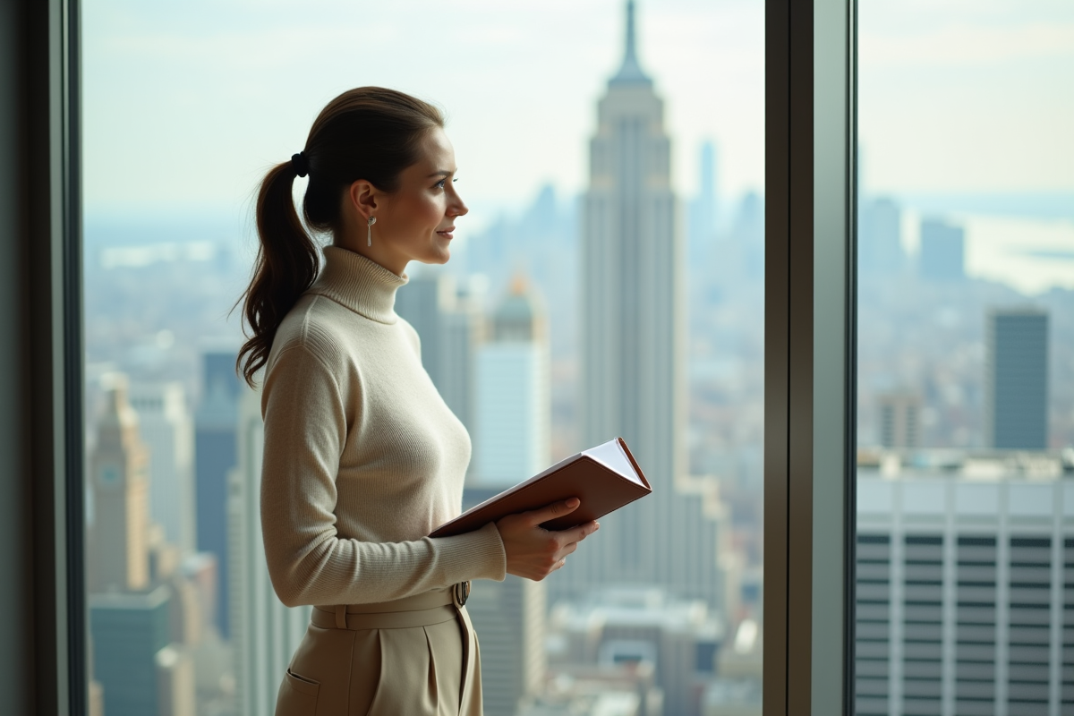 Femme élégante regardant la ville depuis un penthouse
