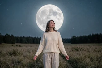 Femme sereine sous la pleine lune de novembre dans un champ nocturne, ressentant l'énergie lunaire et ses émotions