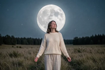 Femme sereine sous la pleine lune de novembre dans un champ nocturne, ressentant l'énergie lunaire et ses émotions