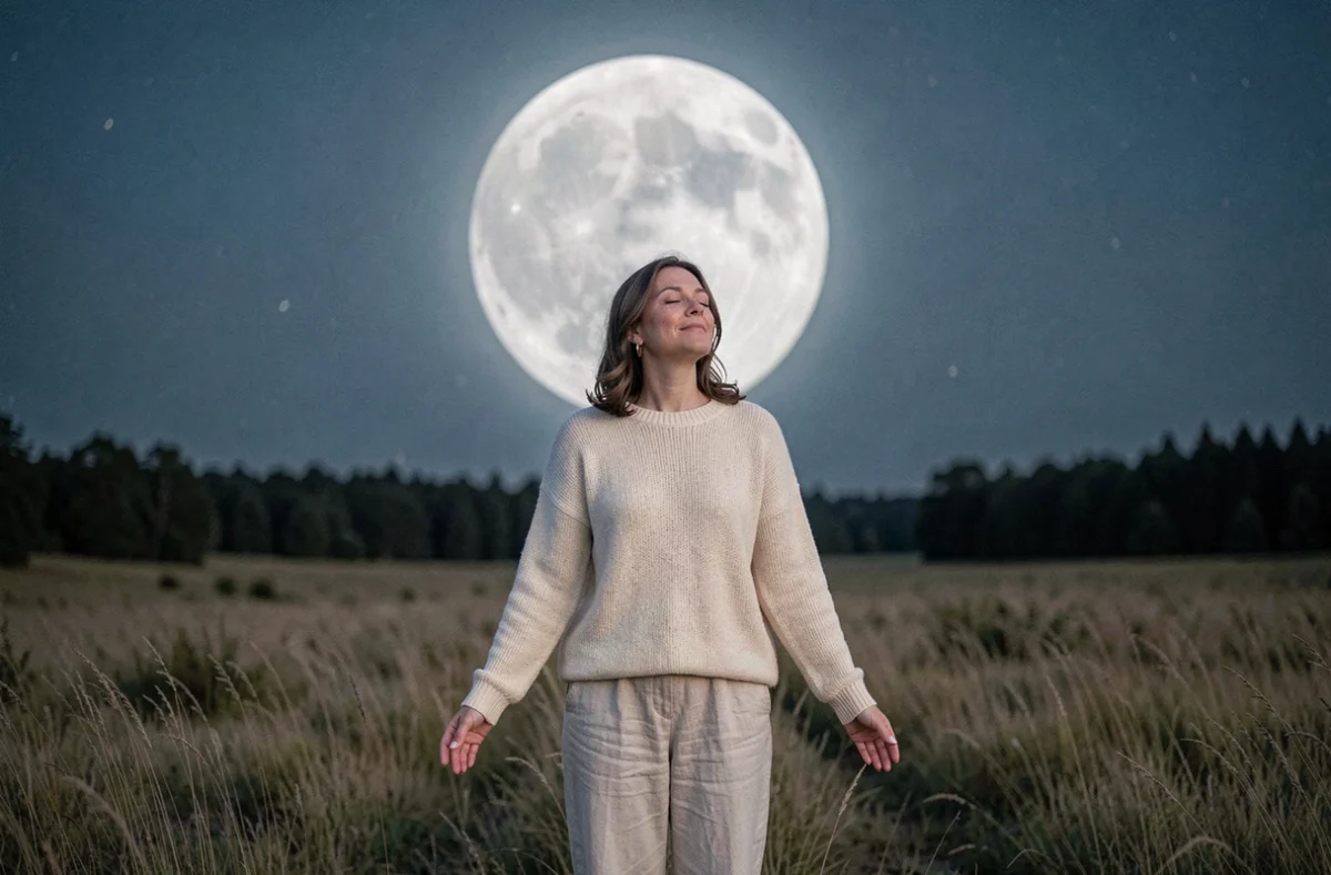 Femme sereine sous la pleine lune de novembre dans un champ nocturne, ressentant l'énergie lunaire et ses émotions