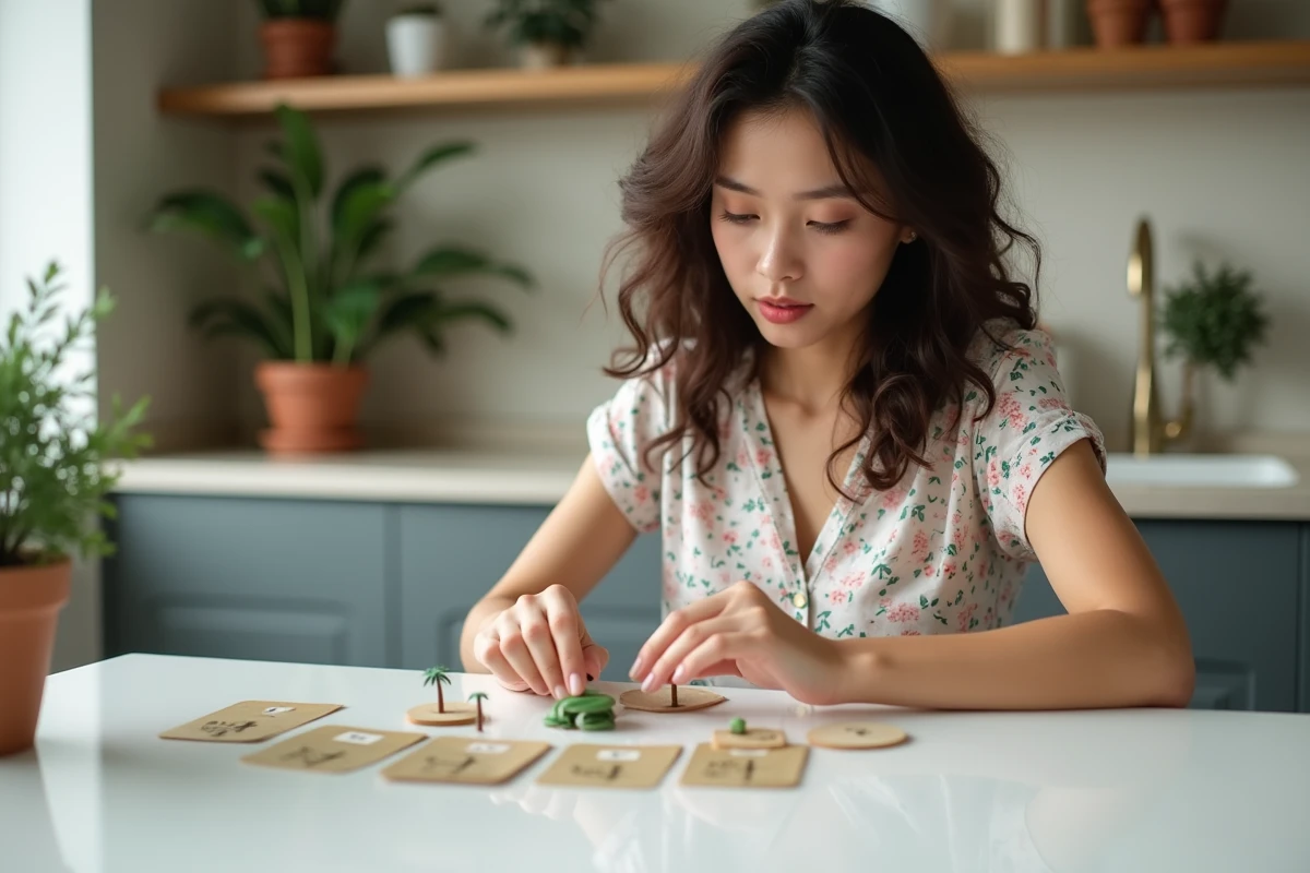 Jeune femme préparant les cartes et pions du jeu règle des palmiers sur un comptoir de cuisine moderne