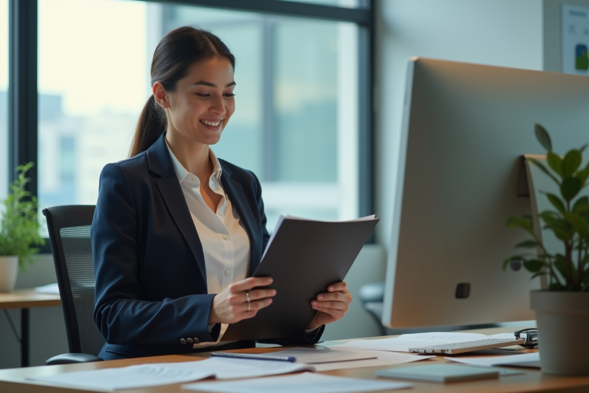 Femme d'affaires examinant des documents au bureau